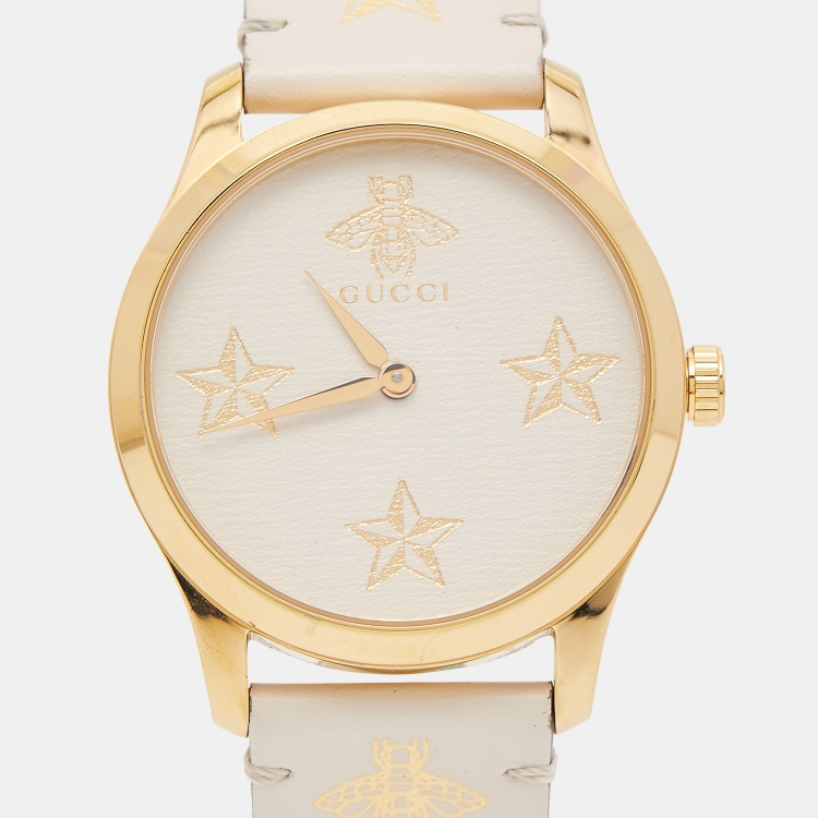 Pre Owned Gucci White Gold Plated Stainless Steel Leather G-Timeless YA1264096 Women's Wristwatch 38 mm