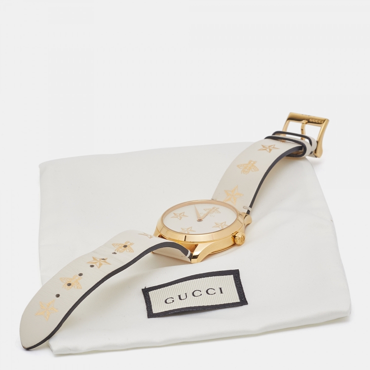 Pre Owned Gucci White Gold Plated Stainless Steel Leather G-Timeless YA1264096 Women's Wristwatch 38 mm