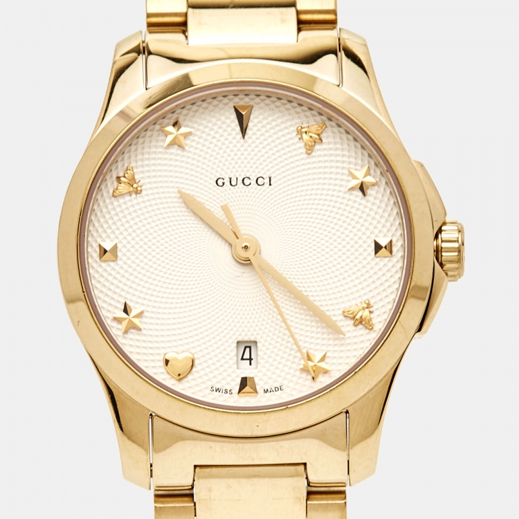 Pre Owned Gucci Silver Gold Plated Stainless Steel G-Timeless YA126576 Women's Wristwatch 27 mm