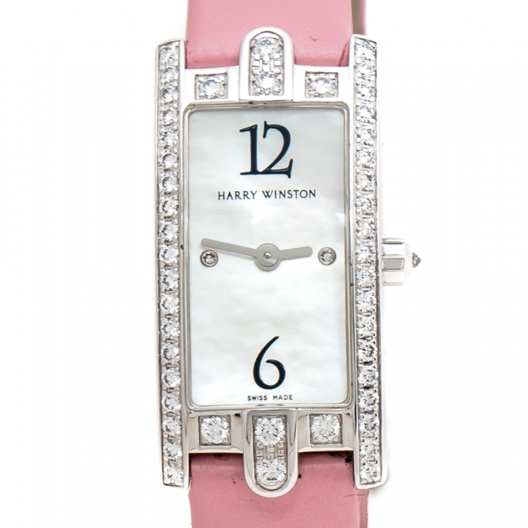 Pre Owned Harry Winston Mother of Pearl 18k White Gold Diamond 332LQW Women's Wristwatch 15 mm