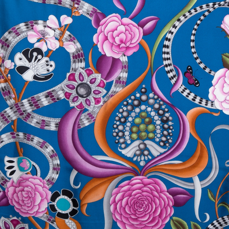 Pre Owned Bvlgari Blue Silk Bloom of Eden Print Scarf