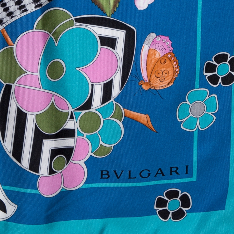 Pre Owned Bvlgari Blue Silk Bloom of Eden Print Scarf