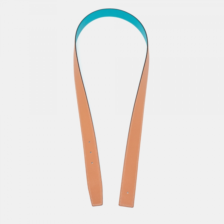 Pre Owned Hermes Gold/Bleu Paon Epsom and Swift Leather Reversible Belt Strap Size 95CM