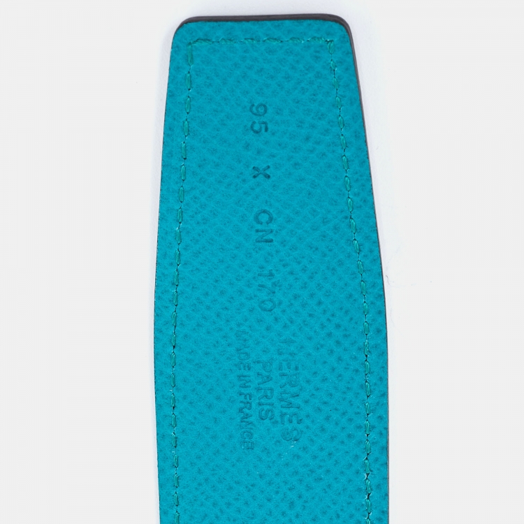 Pre Owned Hermes Gold/Bleu Paon Epsom and Swift Leather Reversible Belt Strap Size 95CM