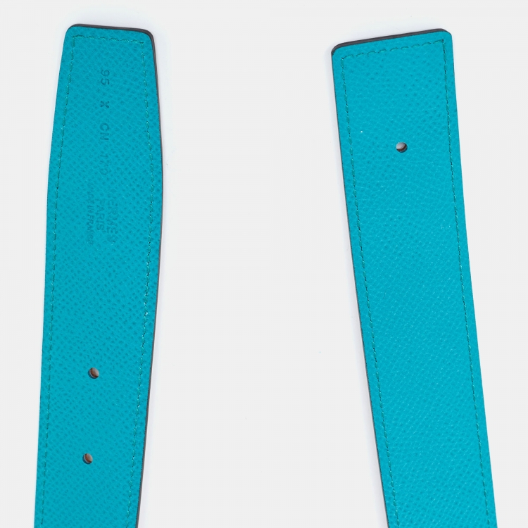 Pre Owned Hermes Gold/Bleu Paon Epsom and Swift Leather Reversible Belt Strap Size 95CM