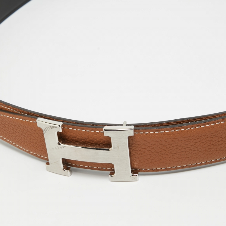 مملوكة مسبقًا Hermes Gold/Black Chamonix and Togo Leather H Buckle Reversible Belt 100CM