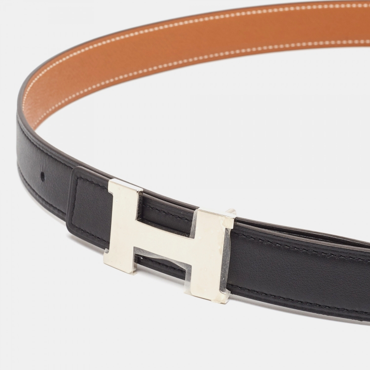 Pre Owned Hermès Black/Gold Swift and Epsom Constance H Reversible Slim Belt 95CM