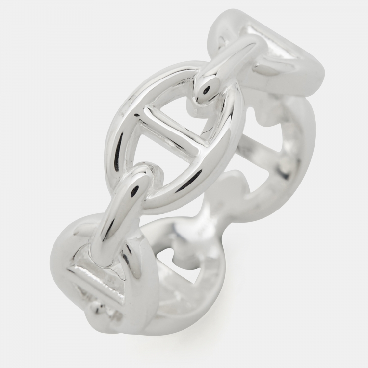 Pre Owned Hermès Chain D'Ancre Enchainee Sterling Silver Ring Size 52