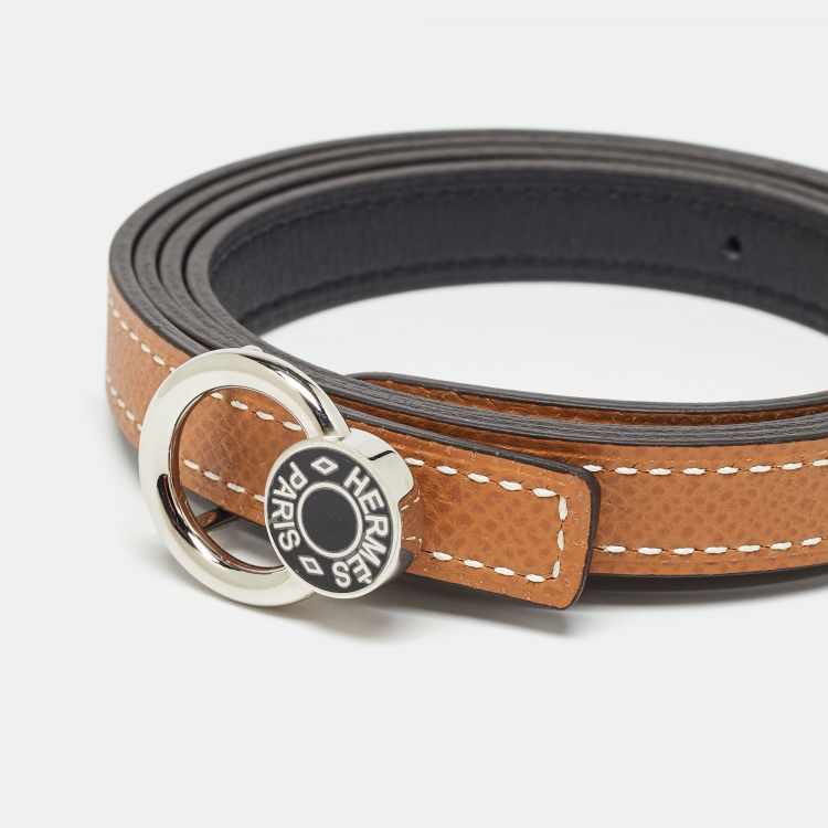 Pre Owned Hermes Noir/Gold Swift and Epsom Leather Clou de Selle Buckle Reversible Belt 85 CM