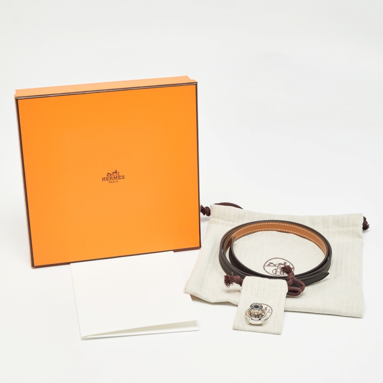 Pre Owned Hermes Noir/Gold Swift and Epsom Leather Clou de Selle Buckle Reversible Belt 85 CM