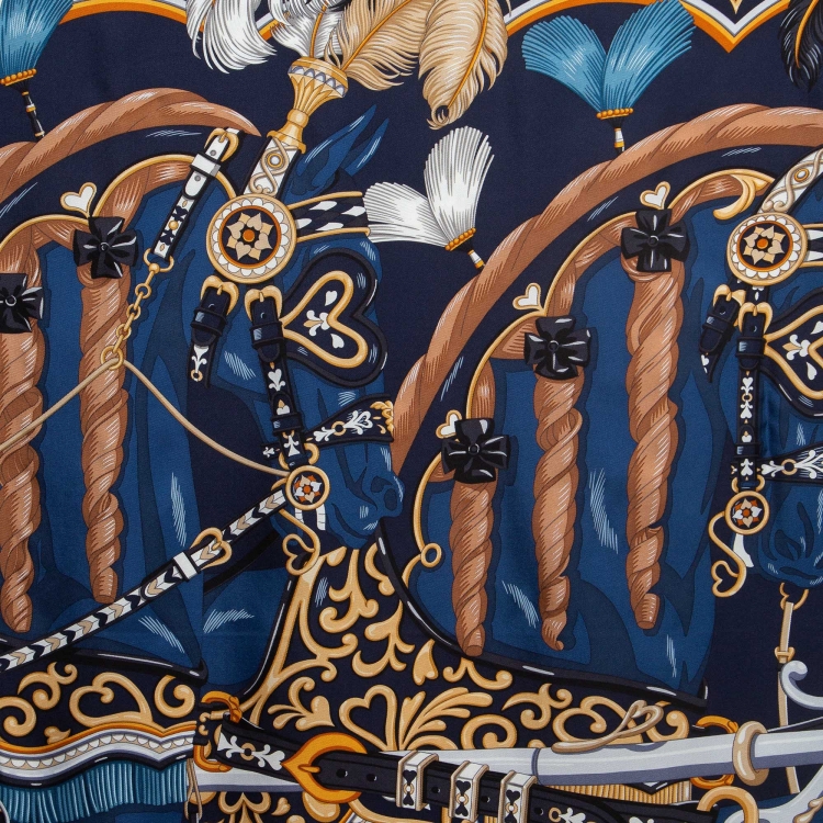 Hermes Navy Blue Printed Silk Harnais de Coeur Scarf 