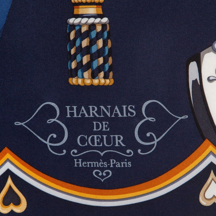 Pre Owned Hermes Navy Blue Printed Silk Harnais de Coeur Scarf 