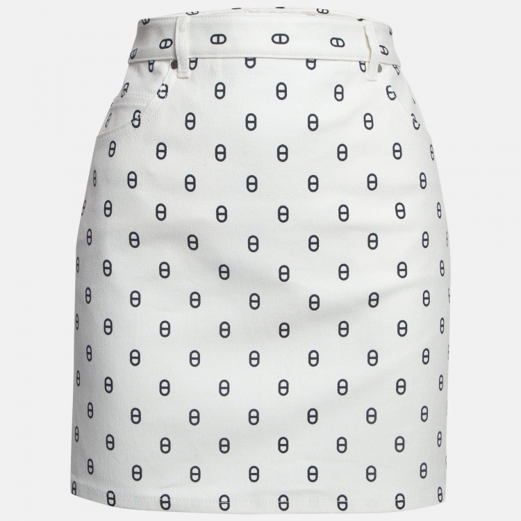 Pre Owned Hermes White Print Denim Chaine d'Ancre Mini Skirt S