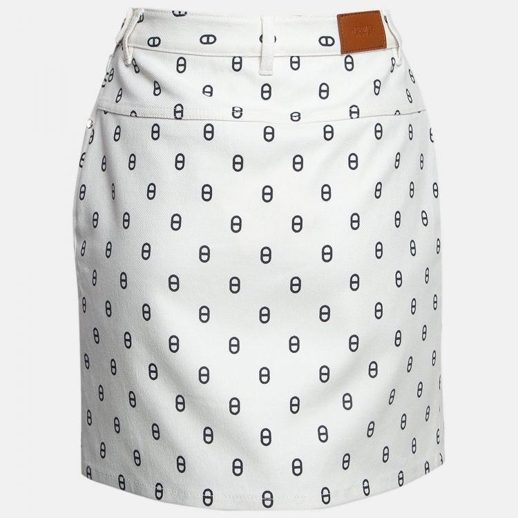 Pre Owned Hermes White Print Denim Chaine d'Ancre Mini Skirt S