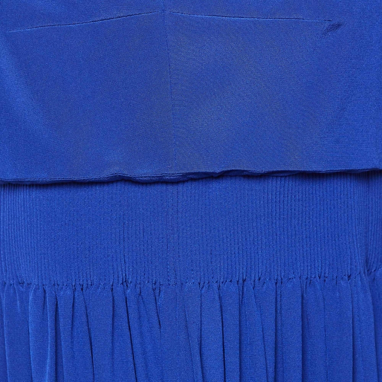 Pre Owned Hermès Blue Silk Sleeveless Pleated Maxi Dress M
