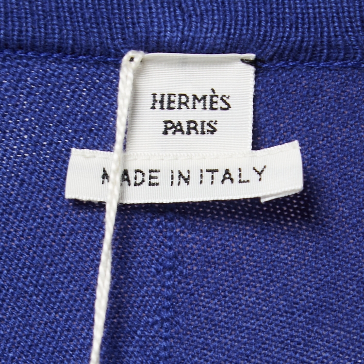 Pre Owned Hermes Blue Printed Silk & Wool Belted Cardigan M
