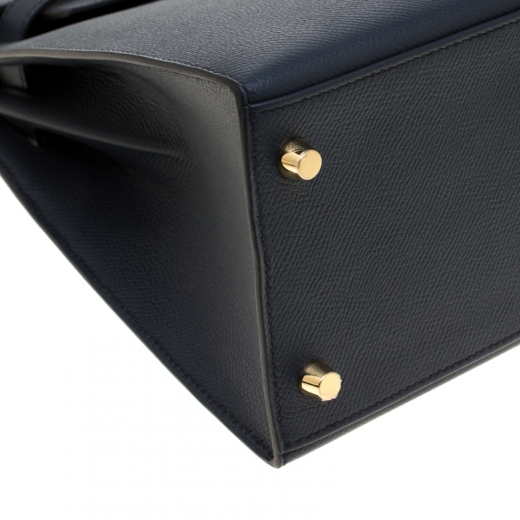 Pre Owned Hermes Blue Marine Epsom Leather with Rose Pourpre Leather Lining Brushed Gold Hardware Kelly Sellier 28 Bag