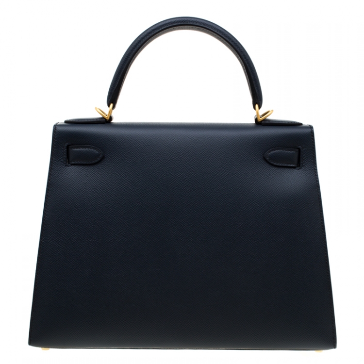 Pre Owned Hermes Blue Marine Epsom Leather with Rose Pourpre Leather Lining Brushed Gold Hardware Kelly Sellier 28 Bag