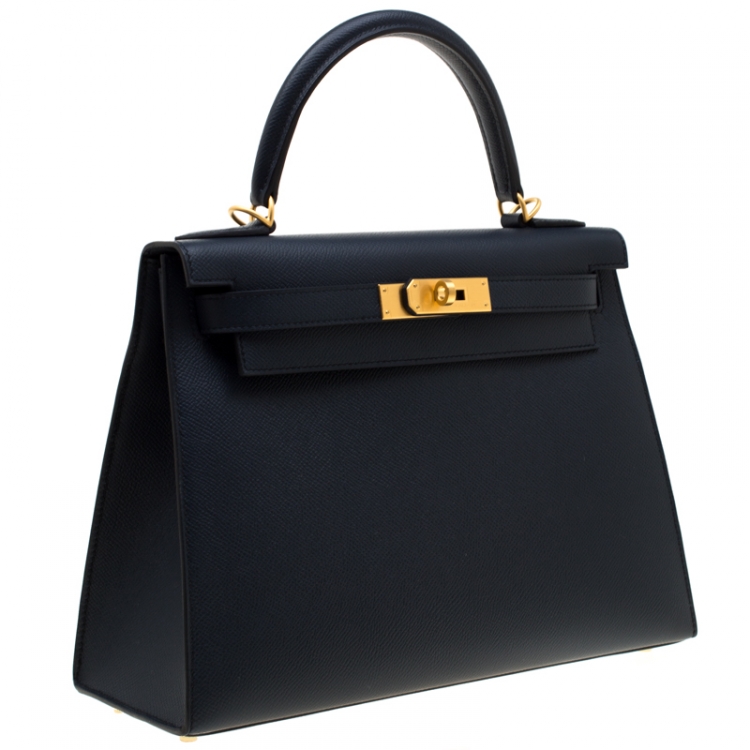 Pre Owned Hermes Blue Marine Epsom Leather with Rose Pourpre Leather Lining Brushed Gold Hardware Kelly Sellier 28 Bag