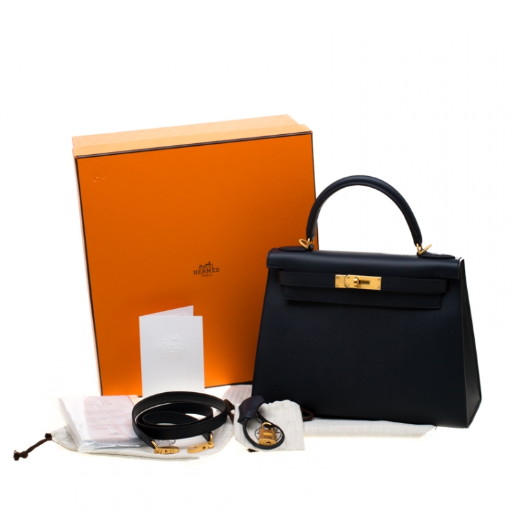 Pre Owned Hermes Blue Marine Epsom Leather with Rose Pourpre Leather Lining Brushed Gold Hardware Kelly Sellier 28 Bag
