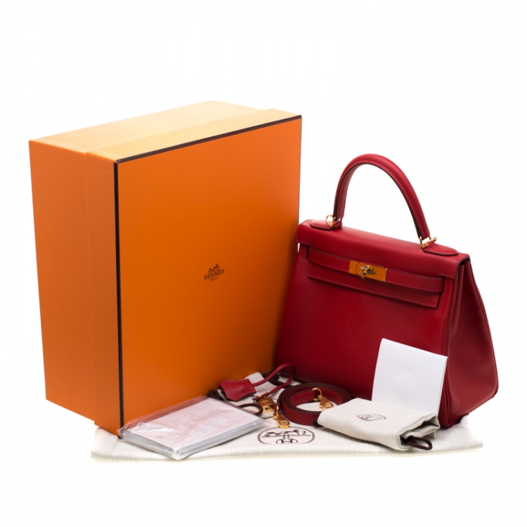 Pre Owned Hermes Rouge Casaque Evercolor Leather Gold Hardware Kelly Retourne 28 Bag