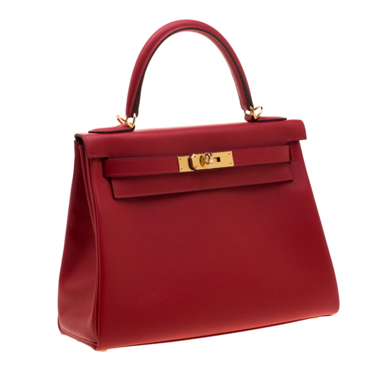 Pre Owned Hermes Rouge Casaque Evercolor Leather Gold Hardware Kelly Retourne 28 Bag