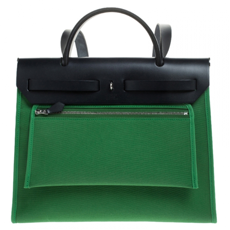Pre Owned Hermes Green/Navy Blue Canvas and Leather Herbag Zip 31 Bag