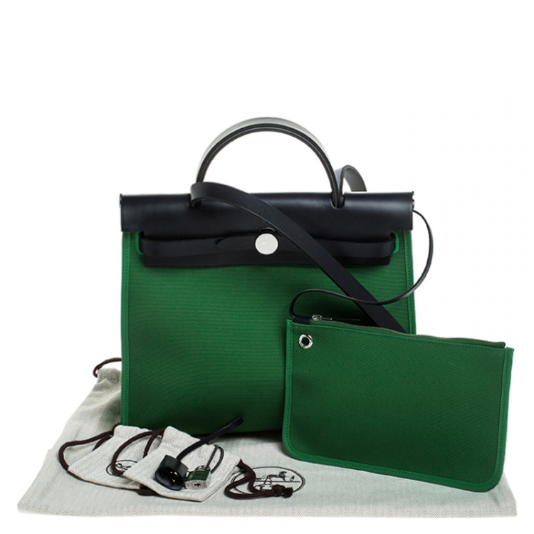 Pre Owned Hermes Green/Navy Blue Canvas and Leather Herbag Zip 31 Bag