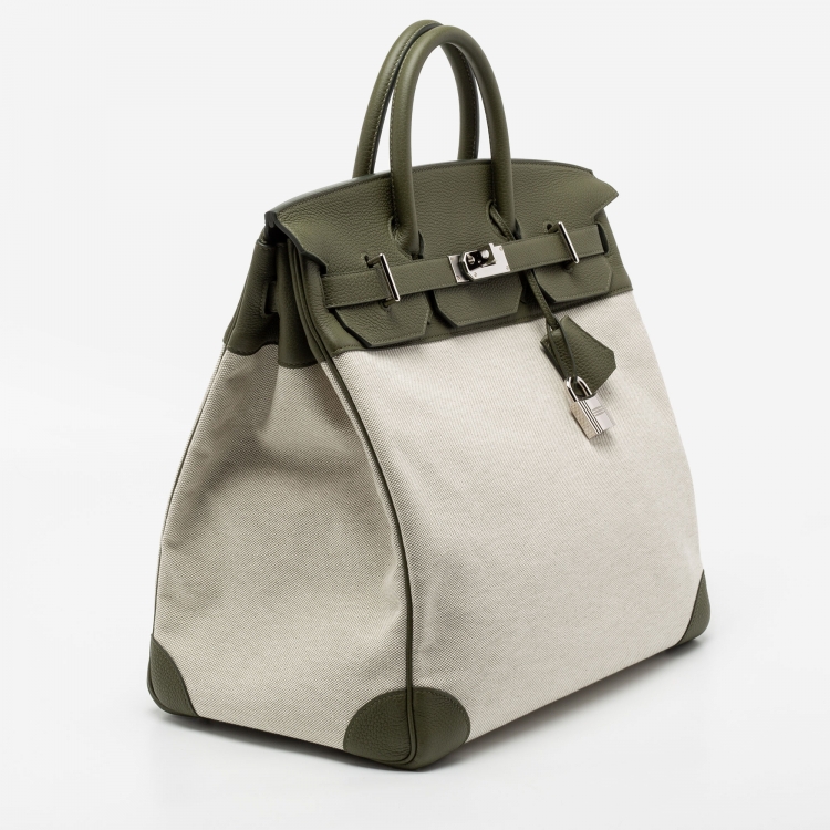 Pre Owned Hermes Vert Veronese/Beige Canvas and Leather Palladium Finish HAC Birkin 40 Bag