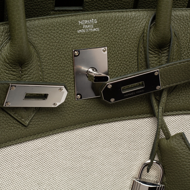 Pre Owned Hermes Vert Veronese/Beige Canvas and Leather Palladium Finish HAC Birkin 40 Bag