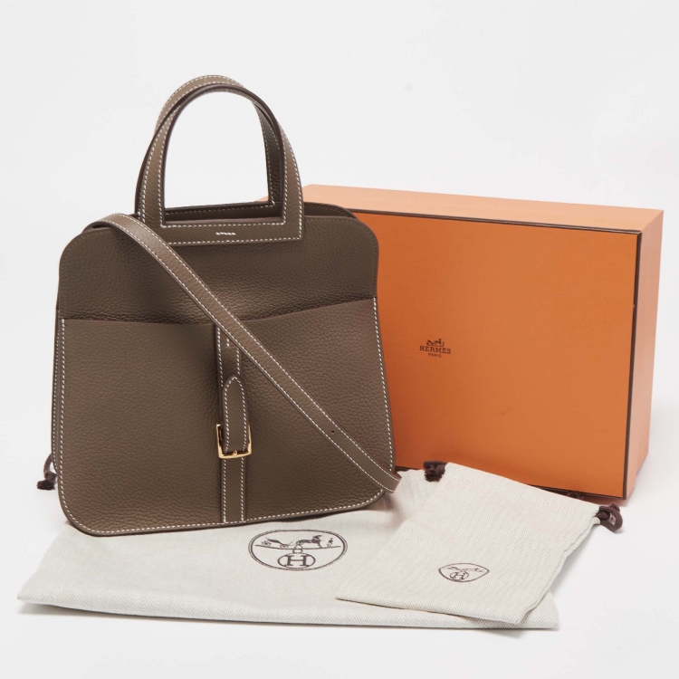 Pre Owned Hermès Etoupe Taurillon Clemence Leather Gold Finish Halzan 25