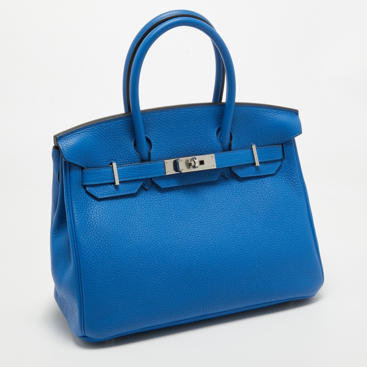 Pre Owned Hermes Bleu Zellige Taurillon Clemence Leather Palladium Finish Birkin 30 Bag