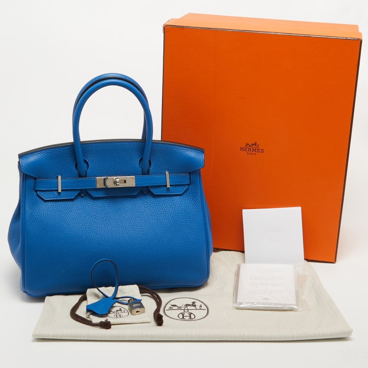 Pre Owned Hermes Bleu Zellige Taurillon Clemence Leather Palladium Finish Birkin 30 Bag