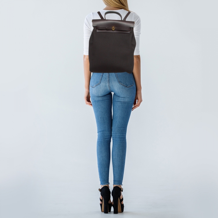 Pre Owned Hermès Ebene Toile Militaire and Vache Hunter Leather Herbag a Dos Zip Retourne Backpack