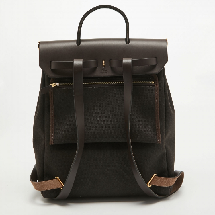 Pre Owned Hermès Ebene Toile Militaire and Vache Hunter Leather Herbag a Dos Zip Retourne Backpack