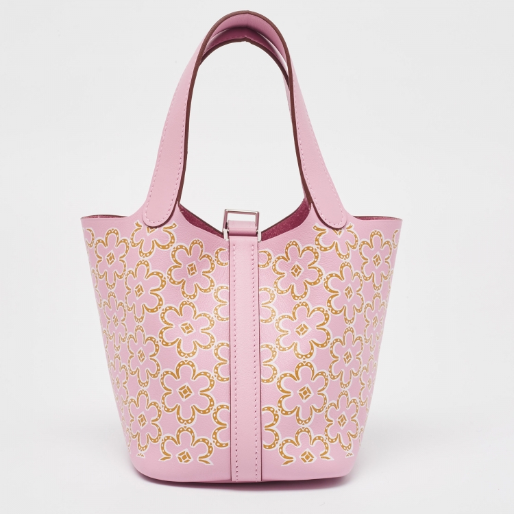 Pre Owned Hermes Mauve Sylvestre/Cuivre/Blanc Swift Leather Lucky Daisy Picotin Lock Micro Bag