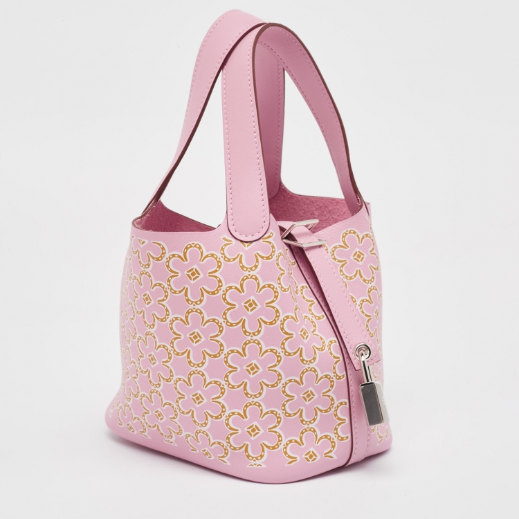 Pre Owned Hermes Mauve Sylvestre/Cuivre/Blanc Swift Leather Lucky Daisy Picotin Lock Micro Bag