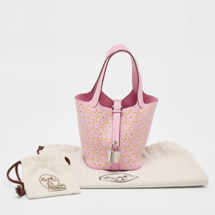 Pre Owned Hermes Mauve Sylvestre/Cuivre/Blanc Swift Leather Lucky Daisy Picotin Lock Micro Bag