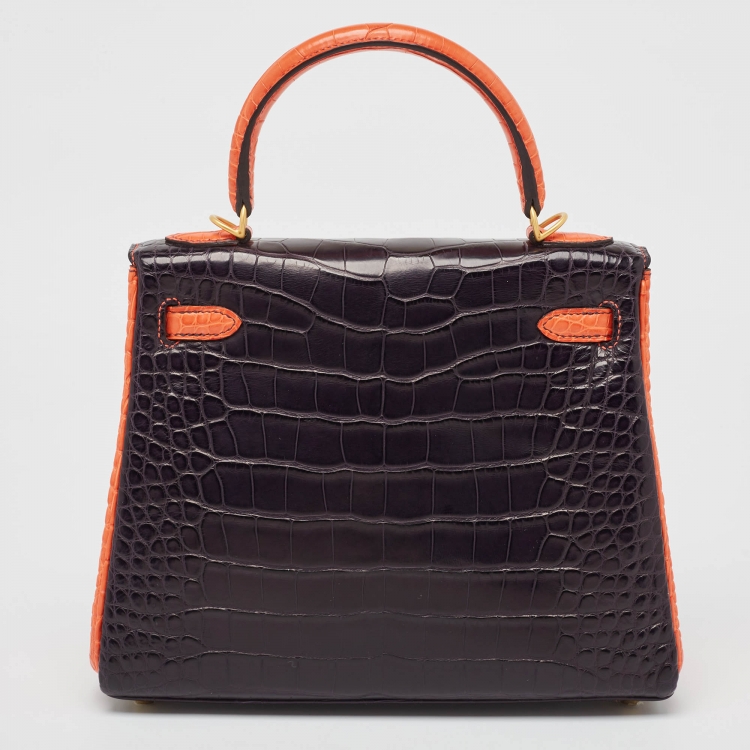 Pre Owned Hermès Orange Poppy/Amethyst Alligator Gold Finish Made To Order Kelly Retourne 25 Bag