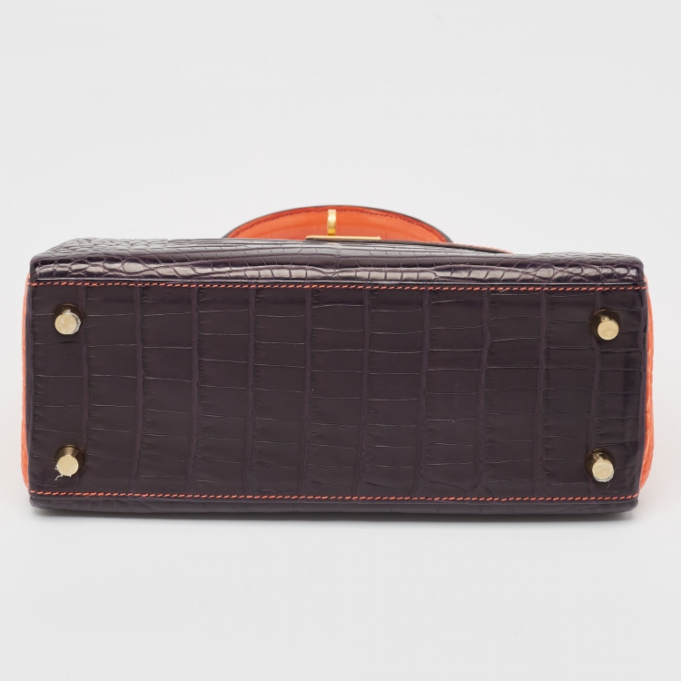 Pre Owned Hermès Orange Poppy/Amethyst Alligator Gold Finish Made To Order Kelly Retourne 25 Bag