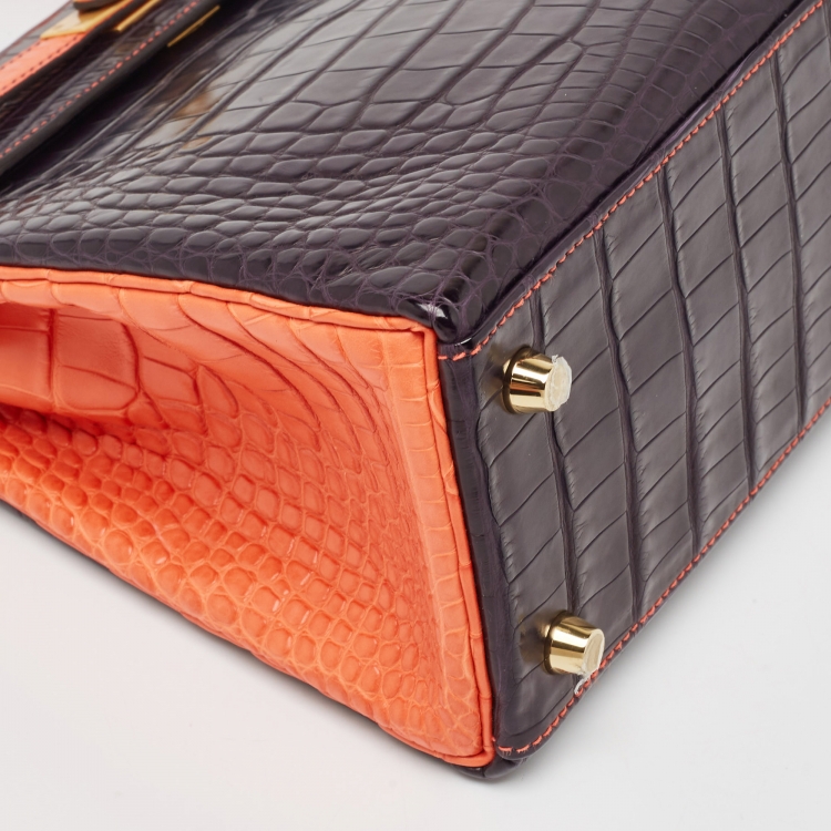 Pre Owned Hermès Orange Poppy/Amethyst Alligator Gold Finish Made To Order Kelly Retourne 25 Bag