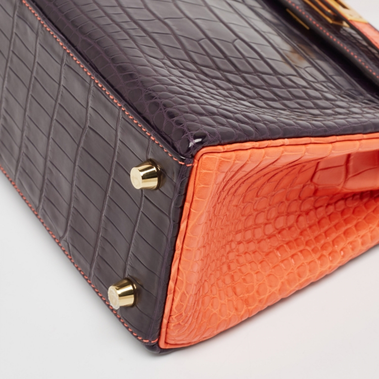 Pre Owned Hermès Orange Poppy/Amethyst Alligator Gold Finish Made To Order Kelly Retourne 25 Bag
