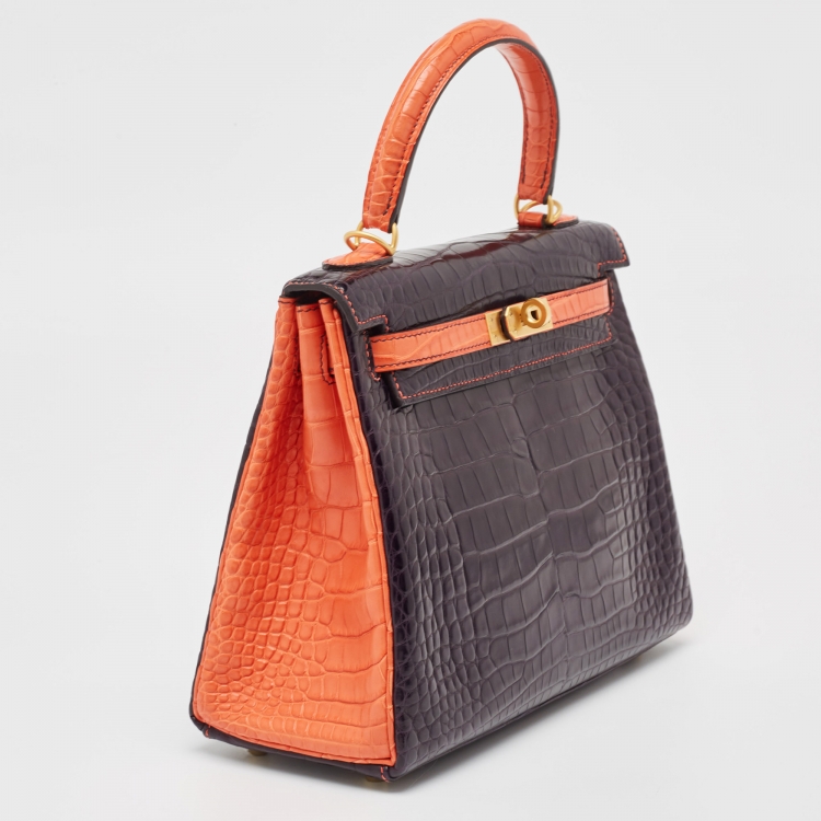 Pre Owned Hermès Orange Poppy/Amethyst Alligator Gold Finish Made To Order Kelly Retourne 25 Bag