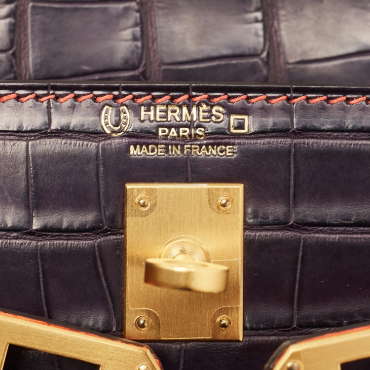 Pre Owned Hermès Orange Poppy/Amethyst Alligator Gold Finish Made To Order Kelly Retourne 25 Bag