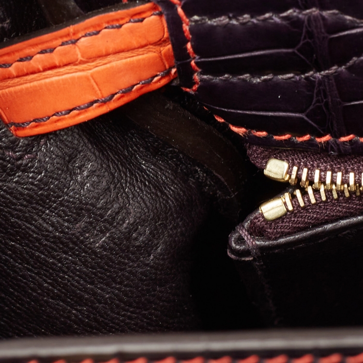 Pre Owned Hermès Orange Poppy/Amethyst Alligator Gold Finish Made To Order Kelly Retourne 25 Bag