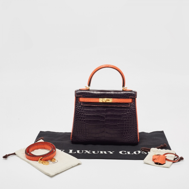 Pre Owned Hermès Orange Poppy/Amethyst Alligator Gold Finish Made To Order Kelly Retourne 25 Bag