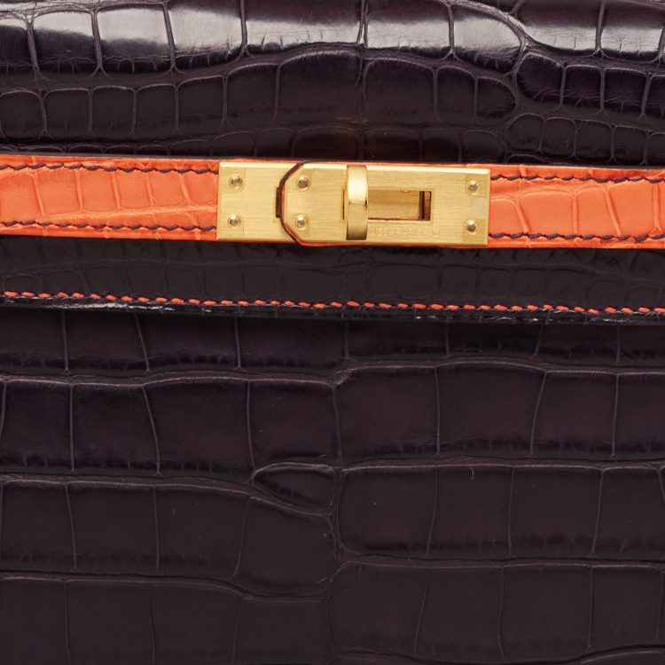 Pre Owned Hermès Orange Poppy/Amethyst Alligator Gold Finish Made To Order Kelly Retourne 25 Bag