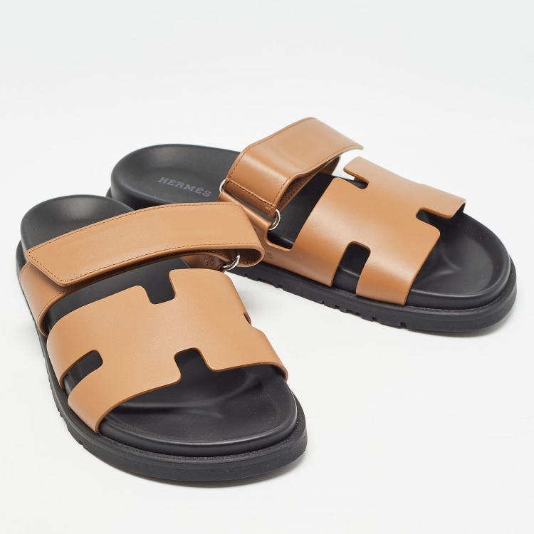 Pre Owned Hermes Brown Leather  Chypre Flat Slides Size 39