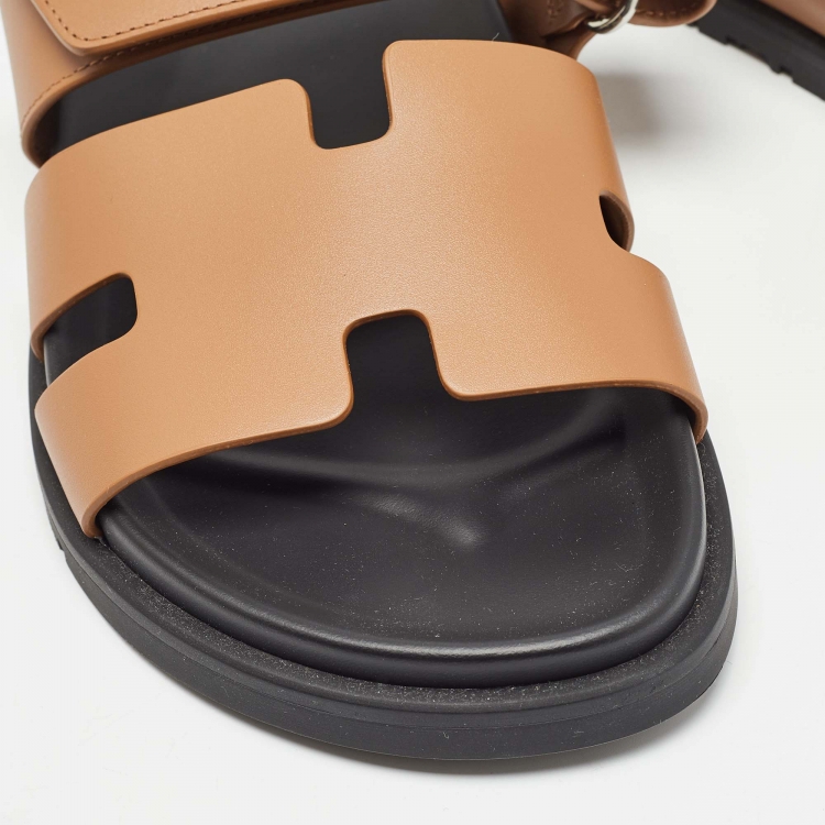 Pre Owned Hermes Brown Leather  Chypre Flat Slides Size 39