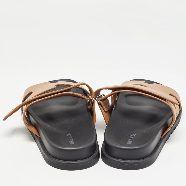 Pre Owned Hermes Brown Leather  Chypre Flat Slides Size 39